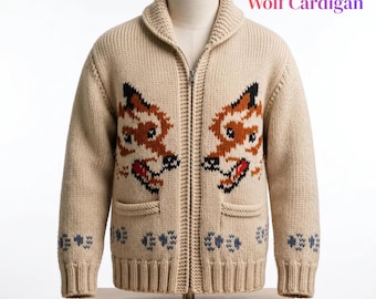 Cárdigan de punto Fox, chaqueta de lana gruesa con cremallera, estilo vintage unisex para un invierno acogedor.