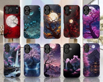 Moonlit Sakura Tough Phone Case for iPhone Samsung, Japanese Cherry Blossom Protective Cover