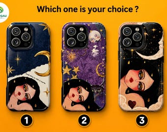 Funda para teléfono con diseño gótico de diosa lunar cósmica, portada con arte celestial lunar vintage.