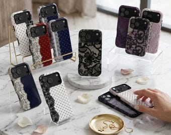 Polka Dot Lace Tough Phone Case for iPhone Samsung, Chic Vintage Phone Cover