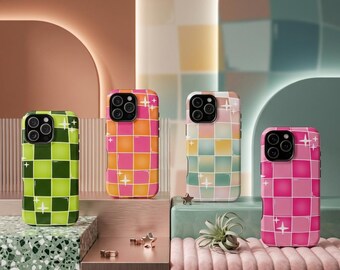 Y2K Checkered Tough Phone Case, Colorful Retro Aesthetic Cover For iPhone Samsung Galaxy
