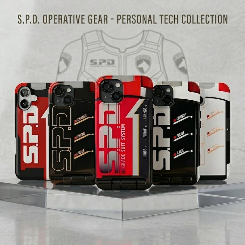 Puede incluir: Una colecci&oacute;n de fundas para tel&eacute;fonos con un dise&ntilde;o gr&aacute;fico audaz. Las fundas presentan el texto "S.P.D." en letras grandes y estilizadas, junto con otros elementos de texto. La combinaci&oacute;n de colores incluye rojo, negro, blanco y gris. Son parte de la "S.P.D. OPERATIVE GEAR - PERSONAL TECH COLLECTION".