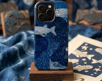 Japanese Fish Phone Case, Indigo Blue Ocean Phone Cover for iPhone Samsung Galaxy, Coastal Aesthetic Marine Art Gift