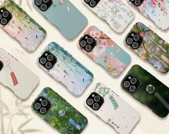 Japanese Wind Chime Phone Case, Sakura Bamboo Nature Cover, Asian Aesthetic Compatible with iPhone 17 16 15 14 13 Samsung Galaxy