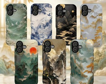 Funda para teléfono con paisaje chino, cubierta con arte de montaña oriental, estética natural con efecto de tinta aguada, compatible con iPhone 17 16 15 14 13 Samsung Galaxy