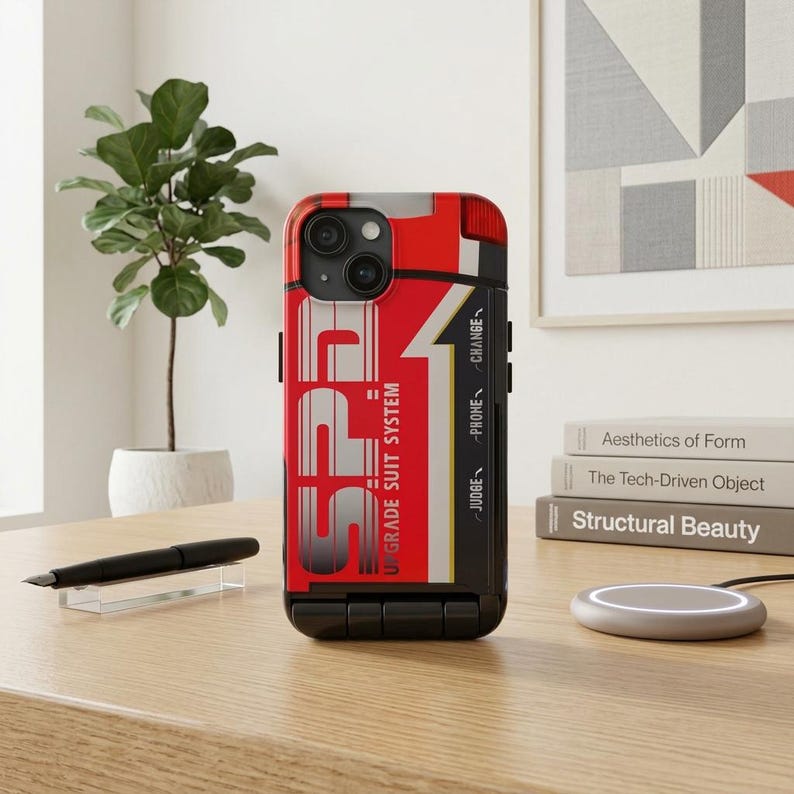 Puede incluir: Una funda de tel&eacute;fono roja, negra y blanca con el texto "SPF UPGRADE SUIT SYSTEM". La funda tiene un dise&ntilde;o &uacute;nico con una parte inferior negra y un recorte para la c&aacute;mara. La funda est&aacute; sobre una superficie de madera.