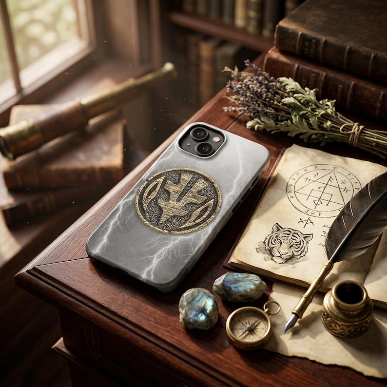May include: A smartphone case with a gray marble design and a gold emblem. The case features a lightning bolt pattern and a circular emblem with a detailed design. The case is on a wooden surface with other vintage items.