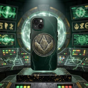 May include: A dark green phone case with a gold emblem featuring a stylized mountain design. The case is displayed on a black and gold speckled platform, set against a backdrop of control panels and glowing screens.