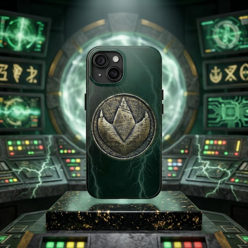 May include: A dark green phone case with a gold emblem featuring a stylized mountain design. The case is displayed on a black and gold speckled platform, set against a backdrop of control panels and glowing screens.