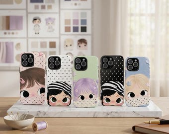 Y2K Cute Girl Tough Phone Case for iPhone Samsung, Kawaii Chibi Pastel Protective Cover