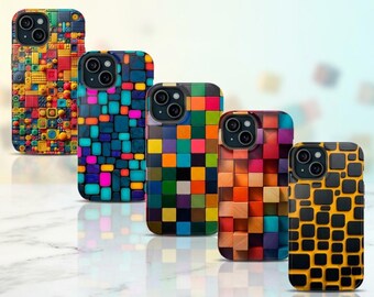 Funda protectora resistente para iPhone y Samsung con diseño geométrico abstracto estilo Y2K, cubierta protectora con mosaico de bloques de color.