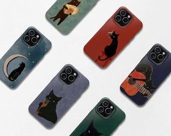 Funda resistente para teléfono con diseño de gato negro fumando, funda estética vintage con ambiente nocturno para iPhone y Samsung Galaxy.