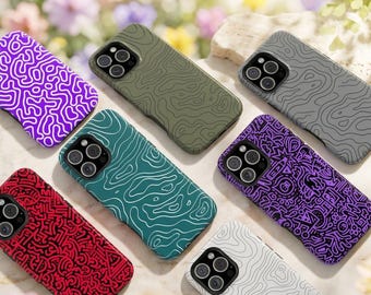 Topographic Tough Phone Case for iPhone Samsung, Abstract Line Art Protective Cover