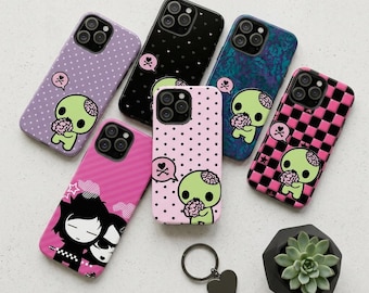 Y2K Emo Zombie Tough Phone Case, Pink Black Polka Dot Cover For iPhone Samsung