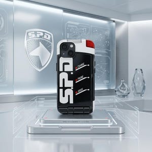Puede incluir: Una funda de tel&eacute;fono en blanco y negro con las letras "S.P.D." en blanco. La funda tiene una luz roja y las palabras "CHANGE", "PHONE" y "JUDGE" est&aacute;n impresas en el lateral. La funda est&aacute; sobre una plataforma plateada.