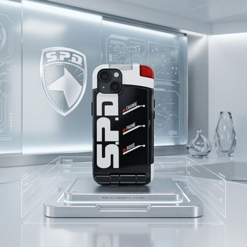 Puede incluir: Una funda de tel&eacute;fono en blanco y negro con las letras "S.P.D." en blanco. La funda tiene una luz roja y las palabras "CHANGE", "PHONE" y "JUDGE" est&aacute;n impresas en el lateral. La funda est&aacute; sobre una plataforma plateada.