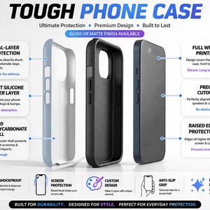 Puede incluir: Imagen de una funda resistente para tel&eacute;fono con el texto "TOUGH PHONE CASE". La funda presenta protecci&oacute;n de doble capa, una capa interna de silicona suave y una carcasa exterior de policarbonato duro. El dise&ntilde;o incluye impresi&oacute;n envolvente completa, recortes precisos y protecci&oacute;n de bordes elevados. Disponible en acabado brillante o mate.