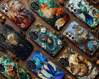 Stained Glass Animal Tough Phone Case, Mosaic Wildlife Art Cover For iPhone Samsung Galaxy