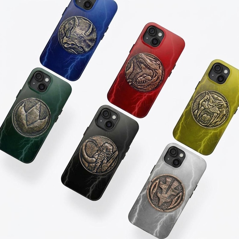 May include: A collection of phone cases in various colors, each featuring a unique embossed design. The cases showcase a variety of animal and symbol designs, including a rhino, dinosaur, elephant, and saber-toothed tiger, with a lightning bolt pattern.