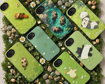 Cute Woodland Animals Tough Phone Case for iPhone Samsung, Kawaii Otter Panda Red Panda Duck Protective Cover, Cottagecore Nature Case