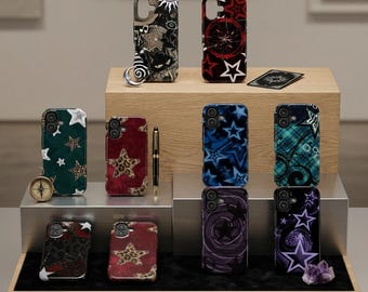 Y2K Galaxy Star Tough Phone Case, Purple Mystic Moon Swirl Cover For iPhone Samsung
