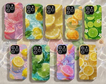 Lemon Pattern Tough Phone Case for iPhone Samsung, Cute Citrus Fruit Summer Aesthetic Protective Cover