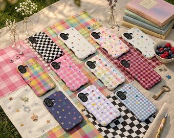 Funda resistente para teléfono con estampado de estrellas a cuadros, estilo preppy Y2K, para iPhone y Samsung Galaxy.