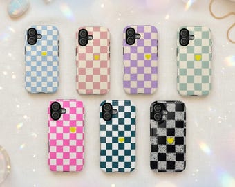 Colorful Checkered Tough Phone Case, Retro Y2K Checkerboard Cover For iPhone Samsung Galaxy