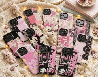 Cute Pink Bunny Tough Phone Case, Kawaii Coquette Y2K Patchwork Cover For iPhone Samsung Galaxy