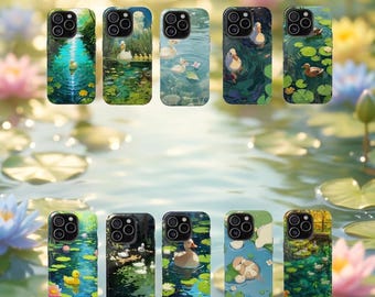 Cute Duck Pond Tough Phone Case for iPhone Samsung, Water Lily Cottagecore Nature Protective Cover