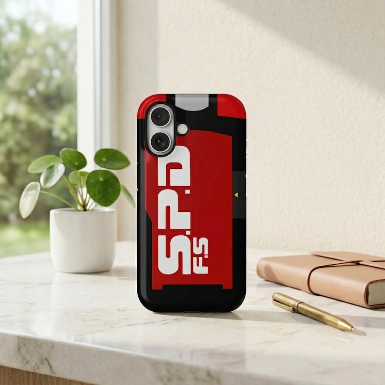 Puede incluir: Funda de tel&eacute;fono negra con un dise&ntilde;o gr&aacute;fico rojo y blanco. El dise&ntilde;o presenta las letras "S.P.D. F.S." en blanco, apiladas verticalmente sobre un fondo rojo. La funda tiene un borde negro y un recorte para la c&aacute;mara.