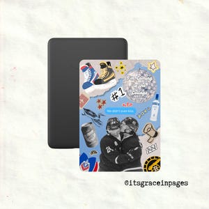 May include: A black e-reader beside a decorative card with a collage of images. The card features hockey players, trainers, a disco ball, and text that reads "I'm Coming to the Cottage" and "We didn't even kiss."