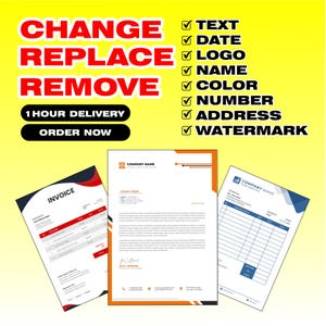 以下が含まれることがあります： 赤色の「CHANGE, REPLACE, REMOVE」という言葉とチェックマーク付きのアイテムリストが描かれたグラフィック。 下には、請求書、レターヘッド、フォームの3つのドキュメントテンプレートがあります。 グラフィックには「1 HOUR DELIVERY」と「ORDER NOW」というテキストも含まれています。