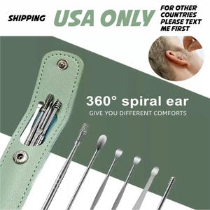 May include: A set of stainless steel ear cleaning tools with a mint green leatherette case. The tools include spiral and spoon-shaped tips. Text on the image reads "360° spiral ear GIVE YOU DIFFERENT COMFORTS."
