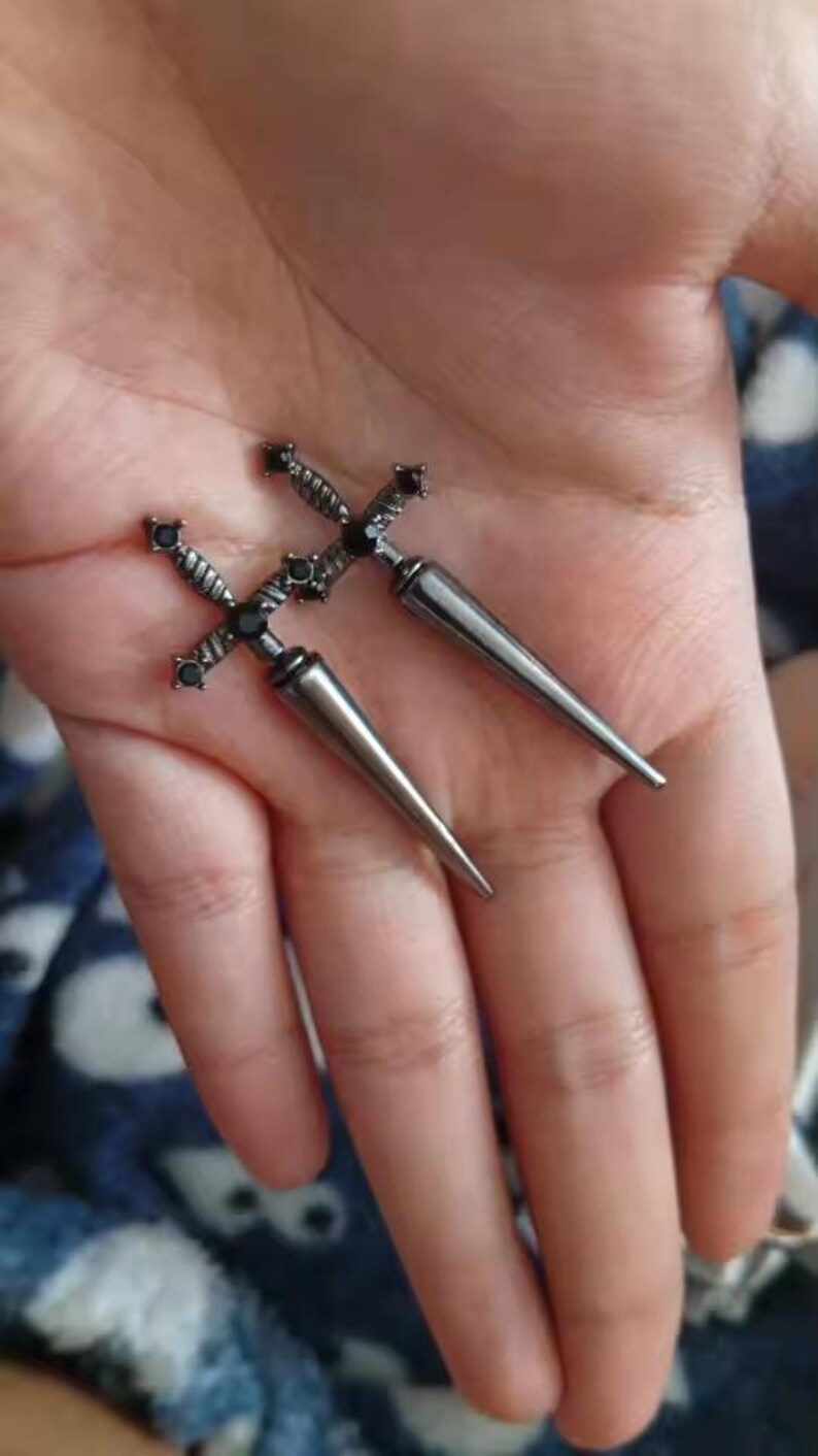 Silver Sword Earrings, Medieval Sword Dangle Jewelry, Gothic Dagger ...