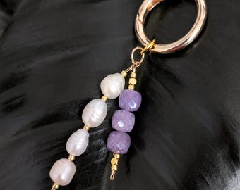 Genuine Amethyst Pearl Bag Charm - Handmade Purse Charm with Freshwater Pearls