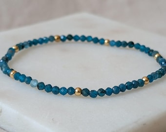 Blue Apatite Bracelet with Gold Bead Accents - Dainty Stackable Gemstone Stretch Jewelry