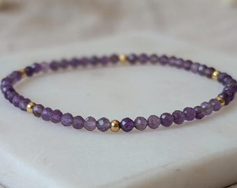 Amethyst Bracelet with Gold Bead Accents, Dainty Stackable Gemstone Stretch Jewelry
