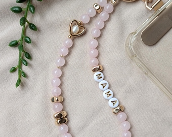 Custom Name Beaded Phone Wristlet, Personalized Rose Quartz Strap, Pearl Gold Heart Phone Charm, Handmade Crystal Gemstone Lanyard, Gift