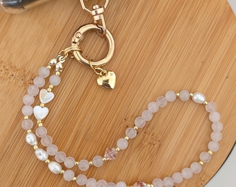 Rose Quartz Phone Strap, Pearl Wristlet, Dainty Pink Beaded Phone Charm