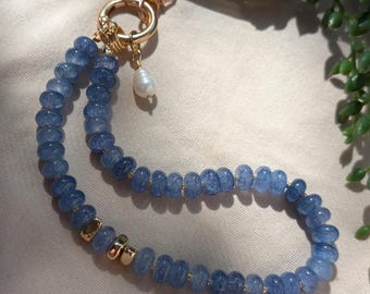 Blue Beaded Phone Wristlet, Pearl & Gold Phone Charm, Blue Glass Bead Strap, Handmade Wristlet Keychain