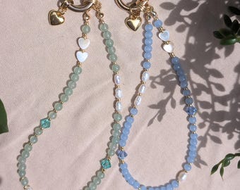 Beaded Phone Wristlet  • Green Aventurine or Blue Strap •  Pearl & Gold Phone Charm