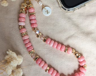 Custom Initial Pink Beaded Phone Wristlet – Gold Pearl Charm Strap Charm