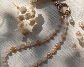 Peach Gemstone Phone Strap, Freshwater Pearl Wristlet, Neutral Beaded Phone Charm