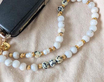 Dalmatian Jasper Phone Wristlet, White Lace Agate, Pearl & Gold Beaded Strap
