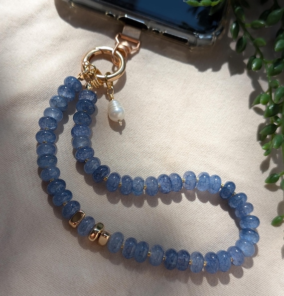 Blue Beaded Phone Wristlet, Pearl & Gold Phone Charm, Blue Glass Bead Strap, Handmade Wristlet Keychain