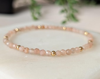 Sunstone Bracelet, Gold Beaded Dainty Bracelet, Stackable Gemstone Jewelry