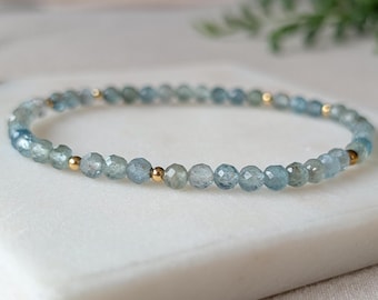 Aquamarine Beaded Bracelet, Minimal Gemstone Stretch Bracelet