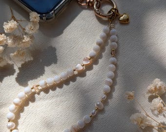 White Shell & Pearl Phone Strap Wristlet | Handmade Beaded Phone Charm