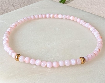 Dainty Pink Shell Bracelet, Gold Beaded Stretch Bracelet